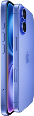 Two iPhone 16 devices, side exterior, stacked facing each other in Ultramarine finishes, volume buttons, Action button, Side button, Camera Control button, Apple logo in center, raised Advanced dual-camera system