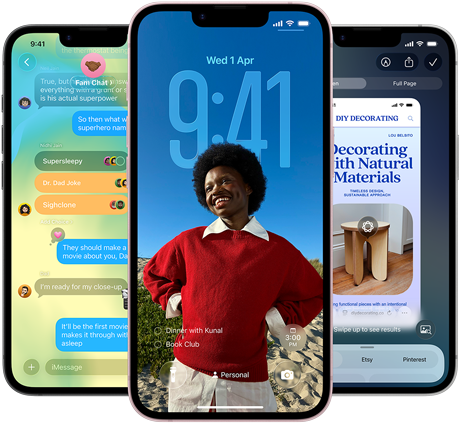Three iPhone 17e devices, showing Messages app with Liquid Glass design, dynamic Lock Screen, and Visual Intelligence in use