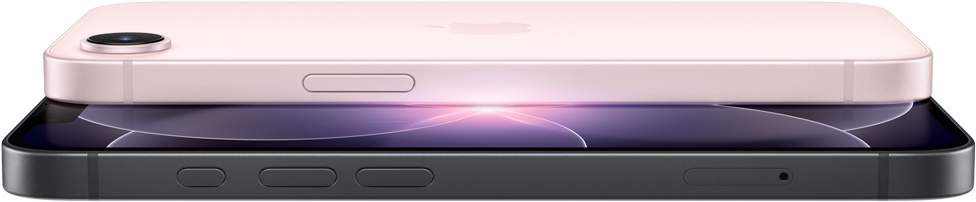 iPhone 17e, horizontal side and back exterior, soft pink color, iPhone 17e, horizontal side and front exterior, black color