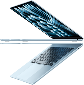 Two open MacBook Air laptops in sky blue color forming arrow shape, emphasizing narrow profile