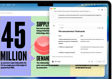MacBook Air screen showing Apple Intelligence Writing Tools creating flash cards about micro and macro economics