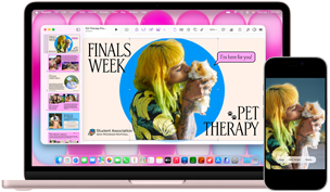 MacBook Neo, blush color, next to iPhone, MacBook Neo screen shows presentation titled Finals Week Pet Therapy with photo of a person holding a guinea pig, iPhone screen shows same photo, which has been turned into a sticker to use in presentation