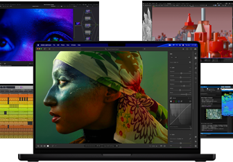 A variety of colorful screen content from music production, video editing, 3D animation, and photo editing apps on Mac, demonstrating powerful graphics performance