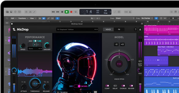 Screen content demonstrating MicDrop software using AI features to edit a vocal recording on a MacBook Pro