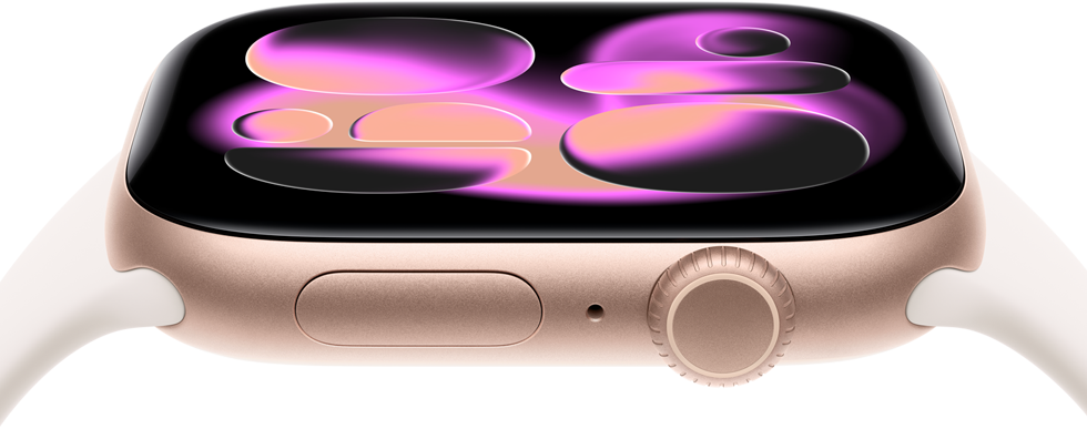 Apple Watch Series 11, aluminum rose gold case, Responsive Art watch face, right side exterior: Digital Crown, microphone, side button, light blush Sport Band