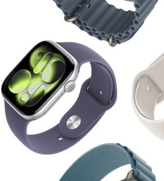 Apple Watch Series 11 bands: purple fog Sport Band, anchor blue Ocean band, light blue Alpine Loop