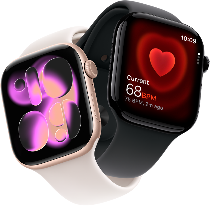Apple Watch Series 11, aluminum rose gold, Responsive Art watch face, right side exterior: Digital Crown, microphone, side button, light blush Sport Band, Apple Watch Series 11, aluminum jet black, Heart Rate app, current beats per minute, right side exterior: Digital Crown, black Sport Band