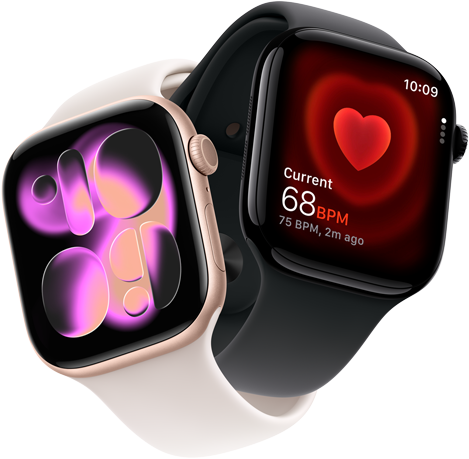 Apple Watch Series 11, aluminum rose gold, Responsive Art watch face, right side exterior: Digital Crown, microphone, side button, light blush Sport Band, Apple Watch Series 11, aluminum jet black, Heart Rate app, current beats per minute, right side exterior: Digital Crown, black Sport Band