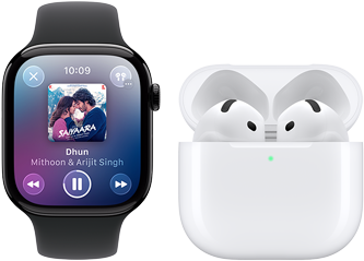 Apple Watch Series 11, titanium slate case, band: black sport band, Apple Music app open, paired with AirPods 4