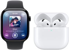 Apple Watch Series 11, titanium slate case, band: black sport band, Apple Music app open, paired with AirPods 4