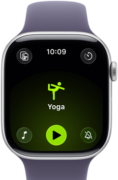 Apple Watch Series 11, aluminum silver case, Yoga Workout open, right side exterior: Digital Crown, purple fog Sport Band