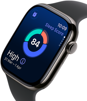 Up close Apple Watch Series 11 with a titanium slate case, showing sleep score on screen