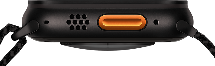Apple Watch Ultra 3, black color, titanium case, convex sensor on back, left side exterior, Action button, siren