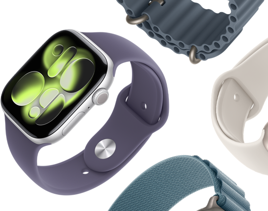Apple Watch Series 11 bands: purple fog Sport Band, anchor blue Ocean band, light blue Alpine Loop