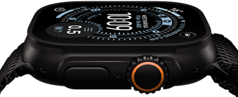 Apple Watch Ultra 3, side exterior, black titanium case,  compass on Orienteering watch face, side button and digital crown
