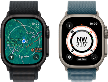 Two Apple Watch Ultra 3 devices, one showing maps and the other showing Backtrack features including compass, elevation, and marked waypoints