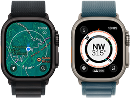 Two Apple Watch Ultra 3 devices, one showing maps and the other showing Backtrack features including compass, elevation, and marked waypoints
