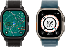 Two Apple Watch Ultra 3 devices, one showing maps and the other showing Backtrack features including compass, elevation, and marked waypoints