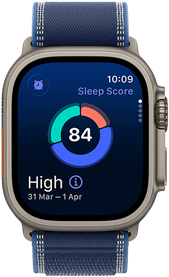 Apple Watch Ultra 3, titanium natural case, sleep score screen, breakdown in circle graph, score in center, band, blue Trail Loop