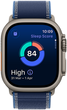 Apple Watch Ultra 3, titanium natural case, sleep score screen, breakdown in circle graph, score in center, band, blue Trail Loop