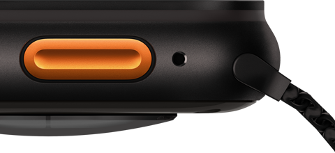 Apple Watch Ultra 3, black color, titanium case, convex sensor on back, left side exterior, Action button, siren