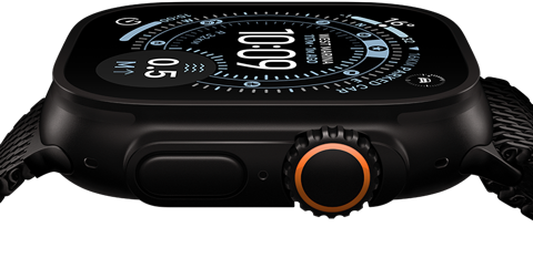 Apple Watch Ultra 3, side exterior, black titanium case,  compass on Orienteering watch face, side button and digital crown