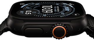 Apple Watch Ultra 3, side exterior, black titanium case,  compass on Orienteering watch face, side button and digital crown