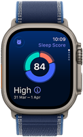 Apple Watch Ultra 3, titanium natural case, sleep score screen, breakdown in circle graph, score in center, band, blue Trail Loop